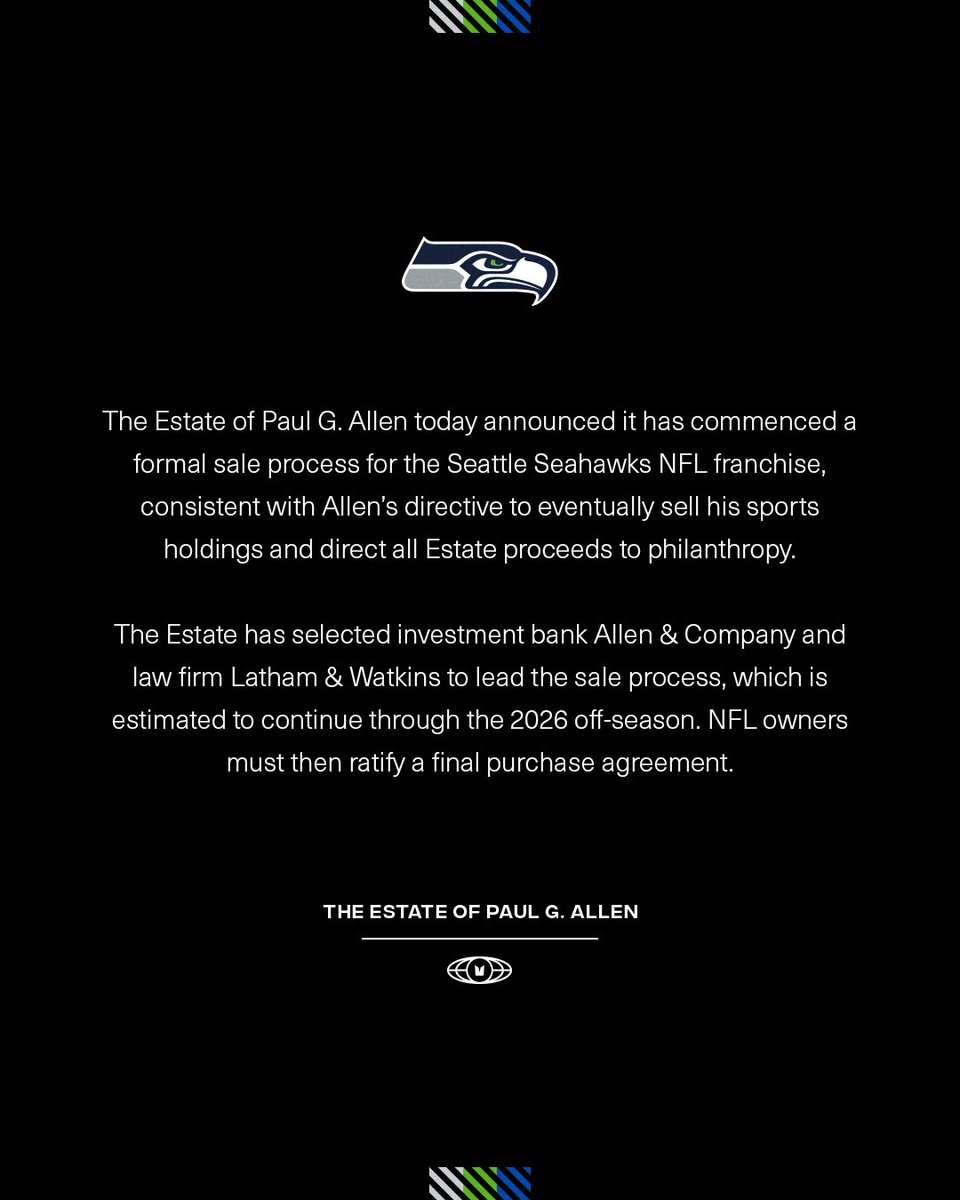 Seahawks's tweet image. Estate of Paul G. Allen Begins Sale Process for Seattle Seahawks