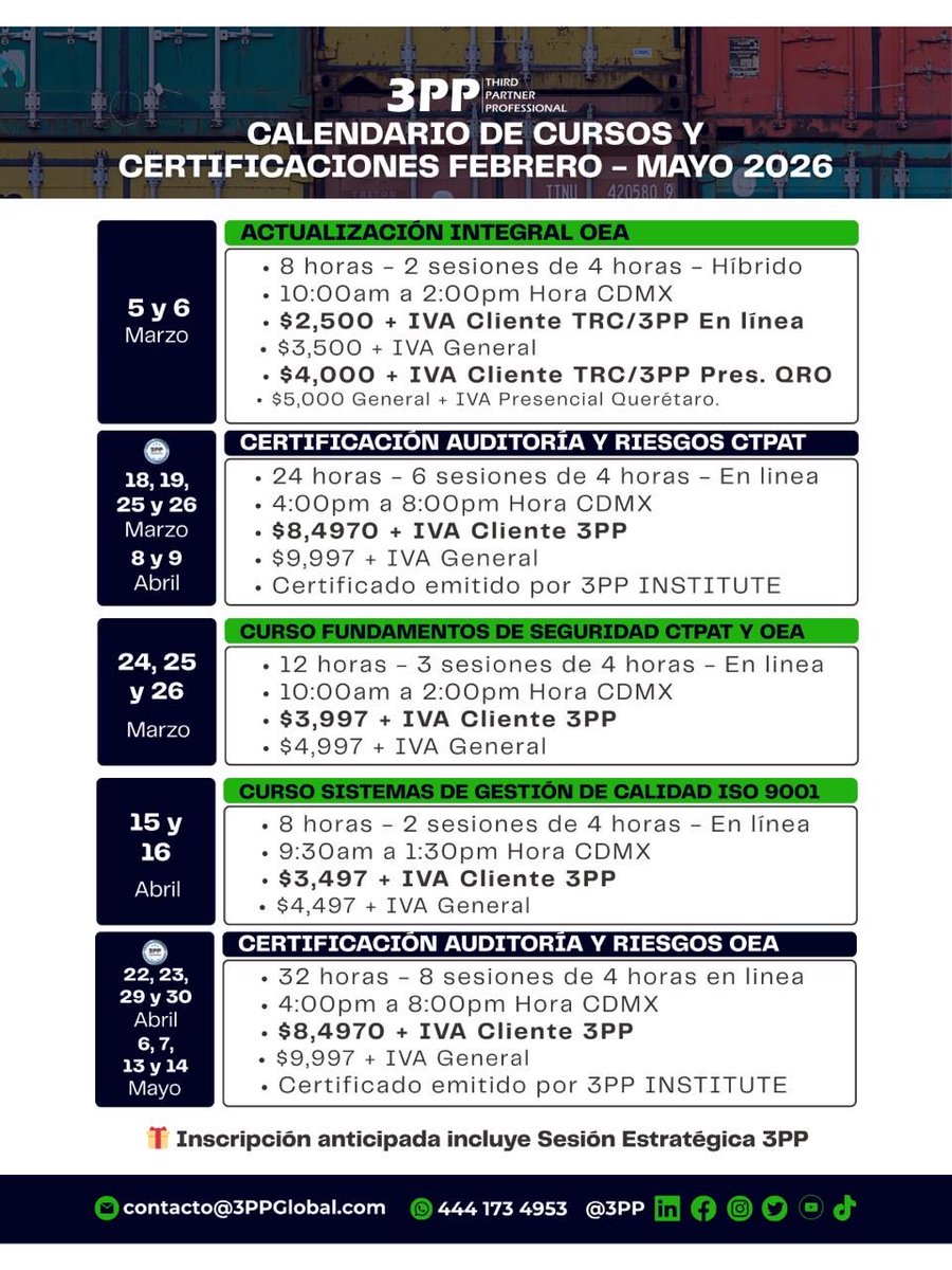 3ppScp's tweet image. CTPAT · OEA · ISO 9001
Modalidad en línea y en tiempo real.

🎁 Inscripción anticipada incluye Sesión Estratégica 3PP
Consulta fechas límite del bono en la imagen.

👉 3ppglobal.com/formulario-cur…

#3PP #CTPAT #OEA #ISO9001 #CadenaDeSuministro