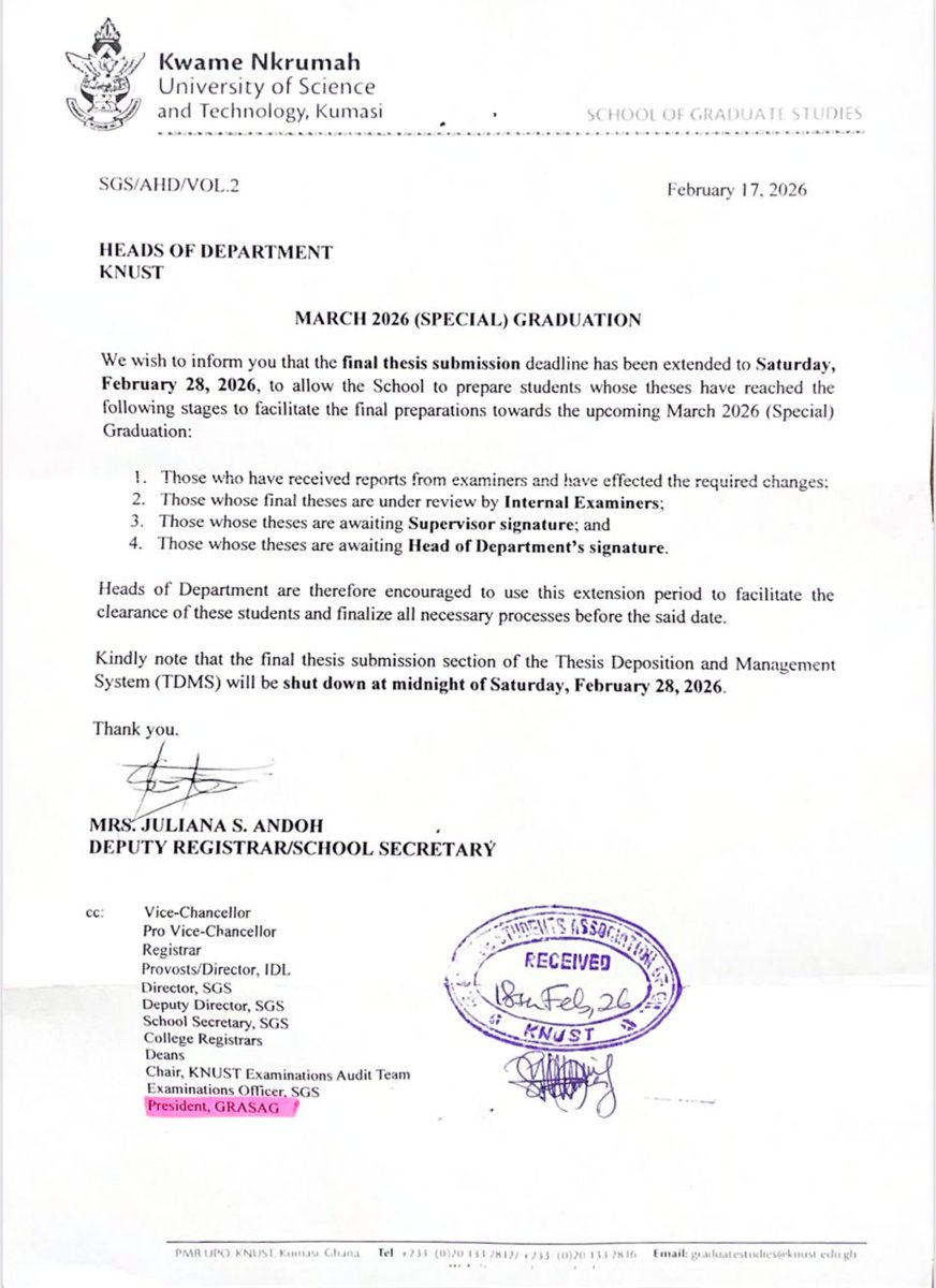 Noticeboardgh's tweet photo. 📍📍ATTENTION KNUST STUDENTS📍📍
Final thesis submission for March 2026 (Special) Graduation extended to Feb 28, 2026. Students must complete approvals via TDMS before midnight. Don’t miss out!
#Graduation #ThesisDeadline #SGS #Kumasi #AcademicAlert https://t.co/byzDtz0wUX