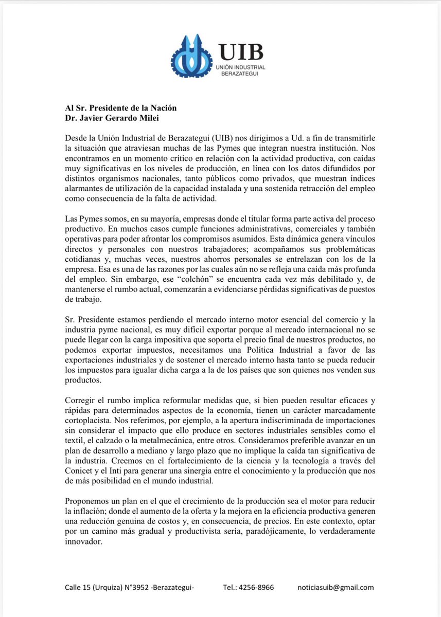 uiberazategui's tweet photo. #comunicado #UIB @JMilei #pymes #argentina https://t.co/cARORKF1vt
