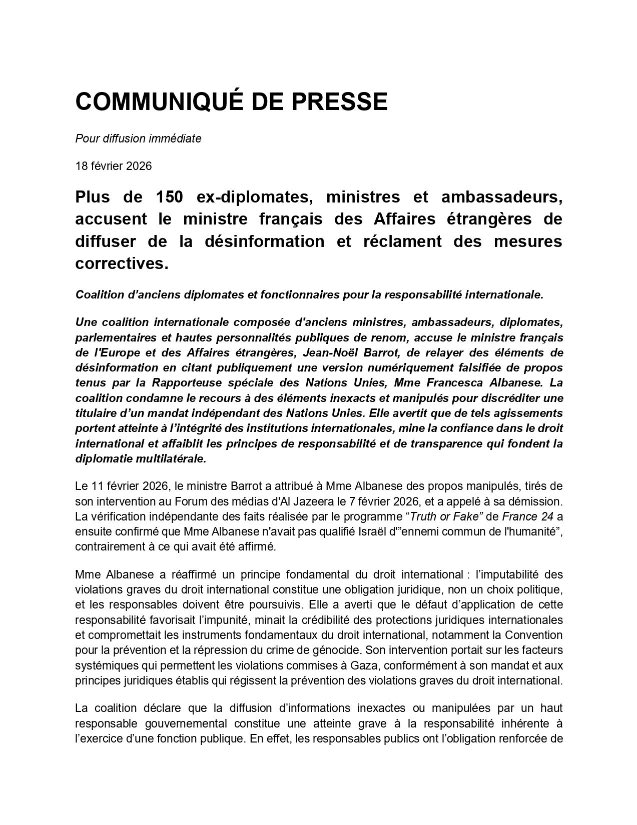 🇫🇷🏛️ FLASH INFO - Plus de 150 anciens diplomates, ministres et ambassadeurs ACCUSENT le ministre français des Affaires étrangères (<a href="/jnbarrot/">Jean-Noël Barrot</a>)  DE PROPAGER DE LA DÉSINFORMATION et réclament des mesures  correctives (Blast)