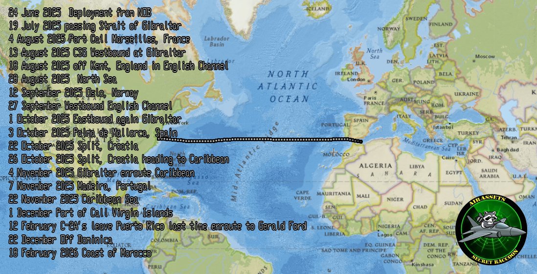 AirAssets's tweet photo. Poor crew of the USS Ford. 8 Months out already. This tour is just starting and I hope its fast like the 12 day war.

#CSG12 #FordCarrierStrikeGroup #IranWar #Venezuela https://t.co/CyQ7r98wza