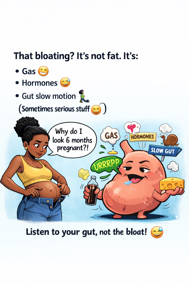 Bloating isn’t fat 🎈
It’s usually gas, slow digestion, hormones, or food intolerance.

Persistent bloating + weight loss, vomiting, or blood in stool?👀
See a doctor. 🚩