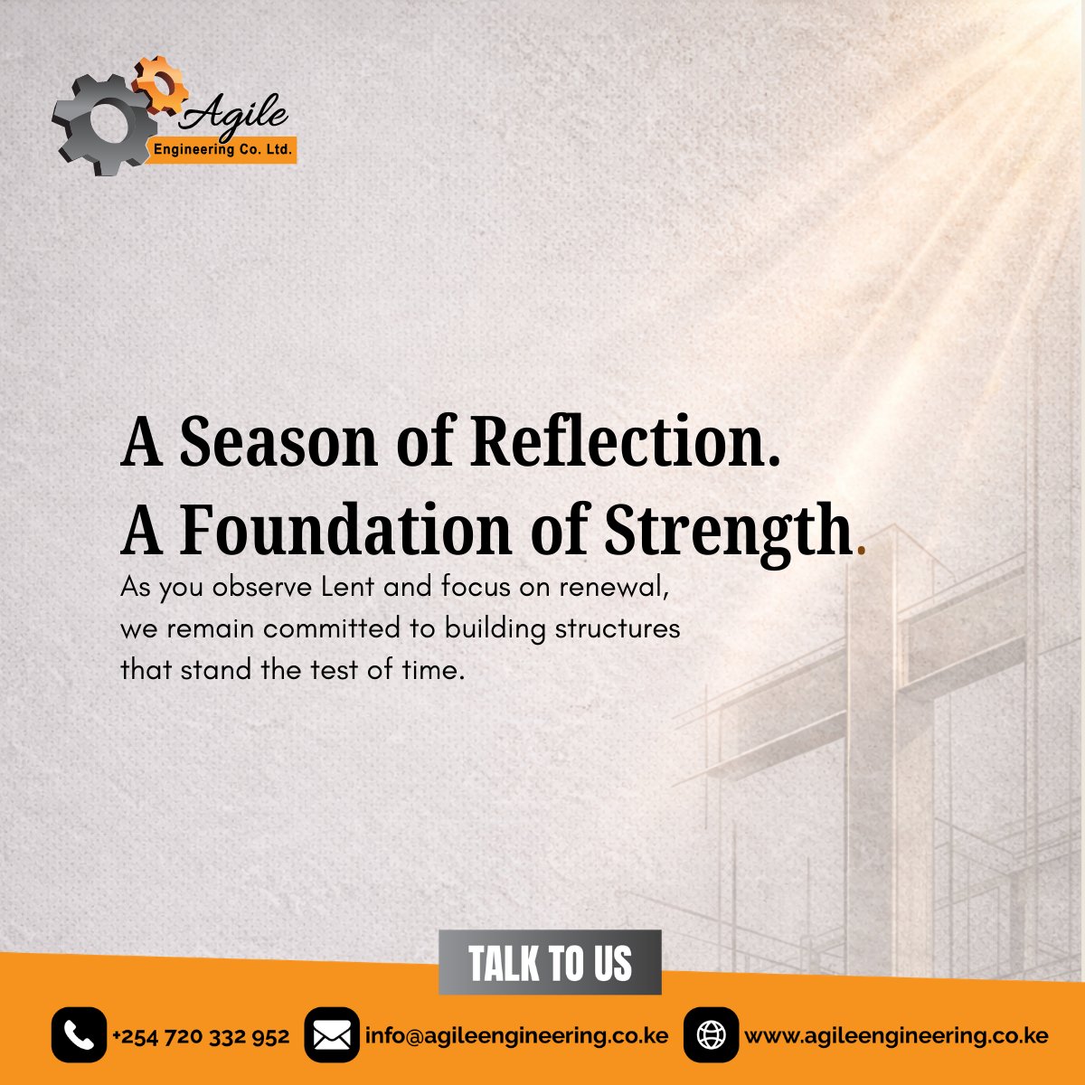 AgileCoLtd's tweet image. Lent is about reflection and renewal.

We’re still on site, building strong foundations while you focus on what matters most this season.

Strong faith. Strong structures.

#BuildKE #ConcreteKE #KenyaEngineering
