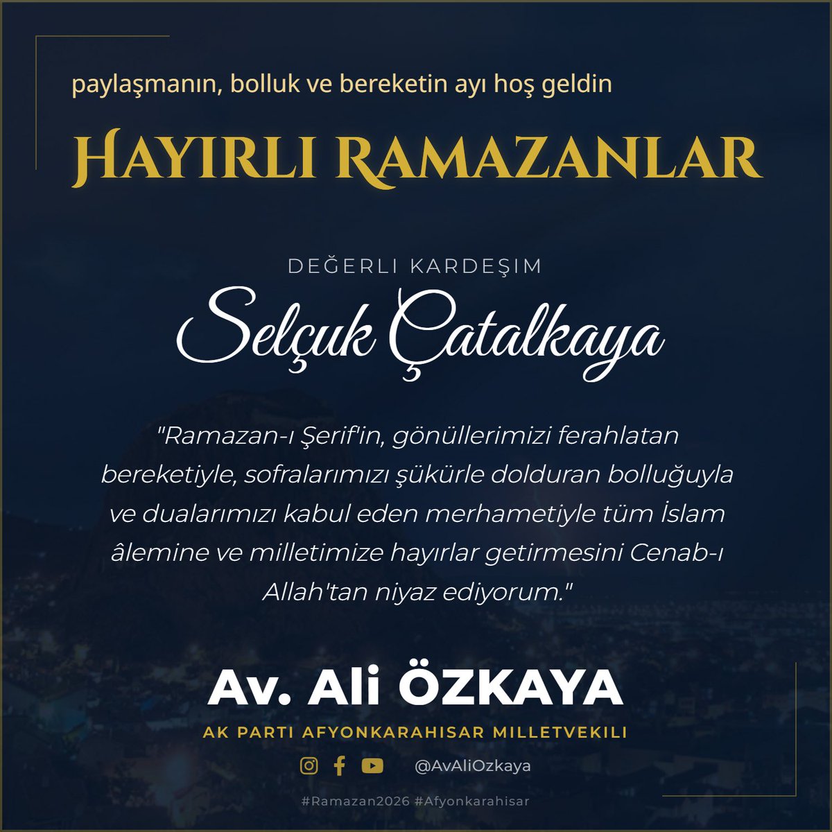 Hayırlı Ramazanlar! 

kart.aliozkaya.com.tr
<a href="/avaliozkaya/">Ali ÖZKAYA 🇹🇷</a>
