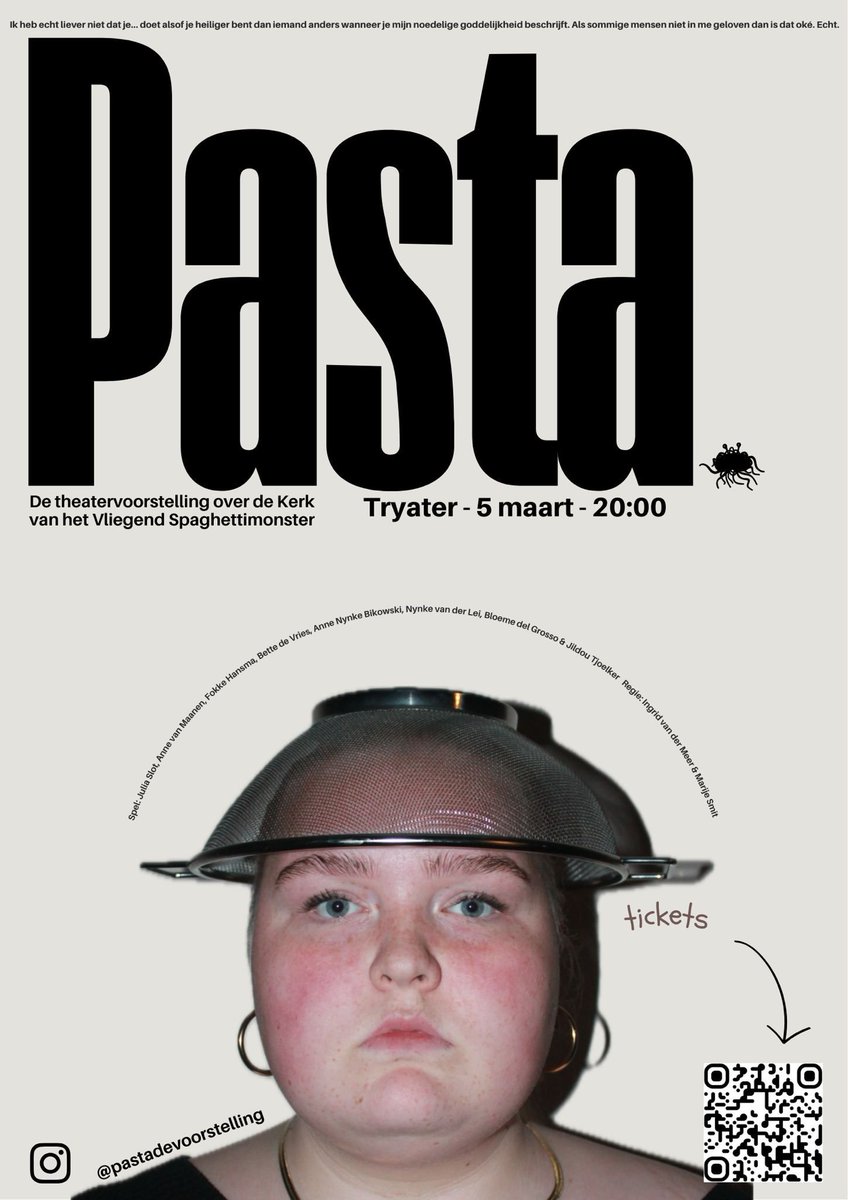 KerkVsm's tweet photo. 5 maart | Tryater, Leeuwarden
Een theatervoorstelling over het Pastafarisme en de Kerk van het Vliegend Spaghettimonster.

Unieke primeur: het eerste toneelstuk ooit over onze kerk. Gemaakt door studenten Docent Theater (NHL Stenden). Gespeeld door MBO acteurs studenten (Firda). https://t.co/YyKGy6oeMn
