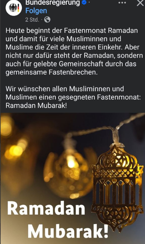 Es ist übrigens eine Lüge, der #Ramadan sei ein Fastenmonat. Das Gesamtgewicht der Umma (aller 2 Milliarden Muslime auf der Welt) wächst in diesem "Fastenmonat" um 2 Megatonnen, wenn jeder im Durchschnitt nur 1 kg zunimmt, weil sie in diesem Monat nach Sonnenuntergang so viel