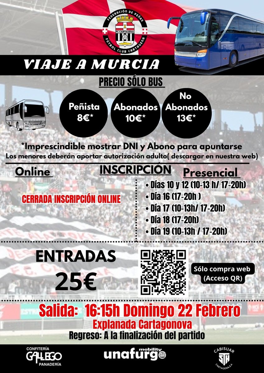 VIAJE | 🚨 Ampliamos horario para apuntarse al autobús 🕓✍🏻

➡️Estaremos mañana de 10 a 13h y de 17 a 20h en la Sede de la Federación.

Desde ya empezamos a apuntar en el sexto autobús 🚌🖤