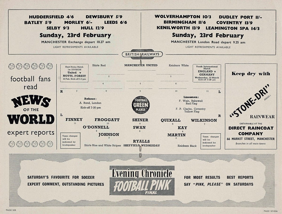 🇾🇪 On this day in 1958 , United beat Shef Weds 3-0 in the FA Cup just 12 days after Munich , the programme that night included a blank team sheet as the great Jimmy Murphy didn't know which players he would pick.
If there's one game I wish I had seen it would be this one ❤️🤍🖤🇾🇪