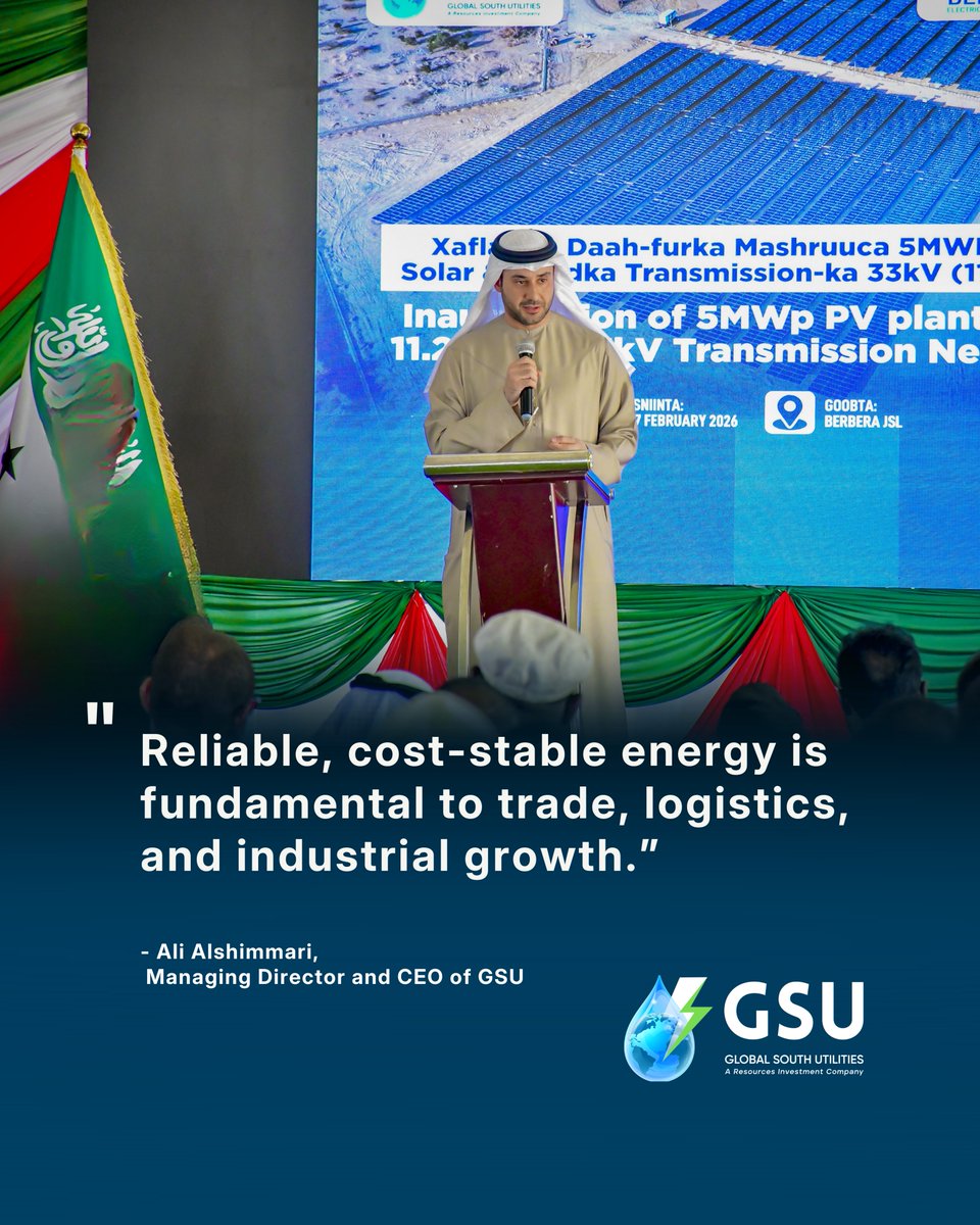 At the inauguration of our 5 MWp solar plant, Ali Alshimmari, CEO of Global South Utilities and Vice Chairman of BEC, shared the strategic "Green Berbera Vision."

With the inauguration of our new 5 MWp solar plant, we are proud to support Somaliland’s National Electrification