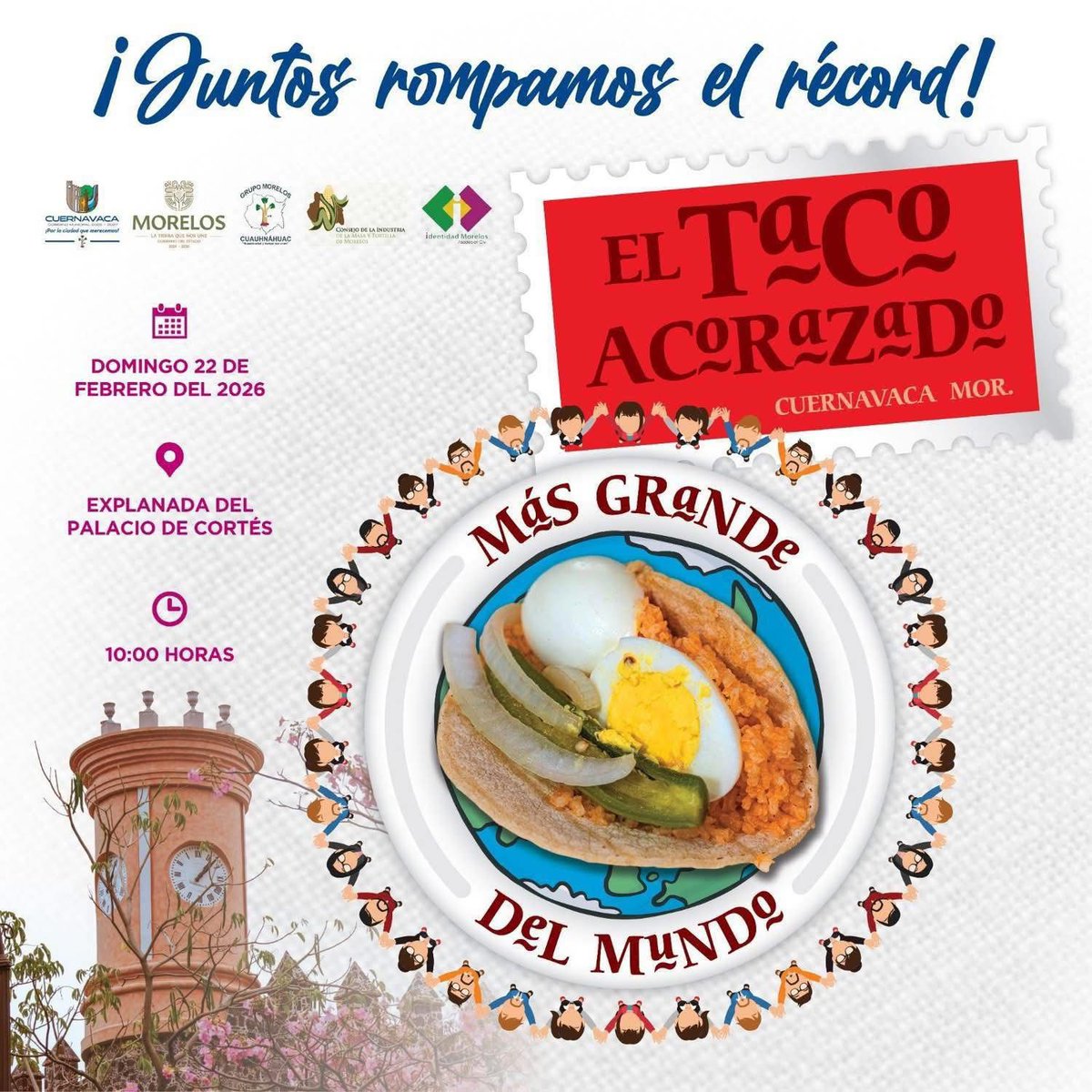 🌮🔥  #Cuernavaca buscará romper nuevamente el Récord Guinness del Taco Acorazado más grande del mundo 🇲🇽✨

El Ayuntamiento de Cuernavaca invita a todas las familias a ser parte de este gran momento histórico para la ciudad.

📅 Domingo 22 de febrero
🕙 10:00 horas
📍 Explanada