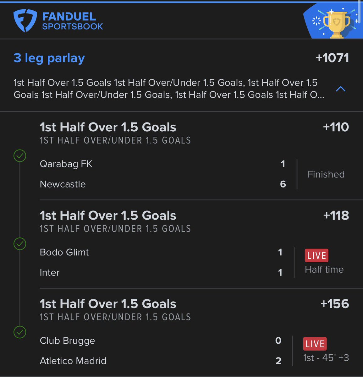 SharpReportHQ's tweet image. BOOM! 🥂 The 1H Goals Parlay is officially in the books! ✅💰

⚽️ Qarabağ vs. Newcastle — Absolute 1H clinical
⚽️ Bodø/Glimt vs. Inter — Streak stayed alive 🏔️🇮🇹
⚽️ Brugge vs. Atleti — Simeone's early blitz hit 🎯

Now we shift the gravity to the +2430 NCAAB 5-Legger tonight.