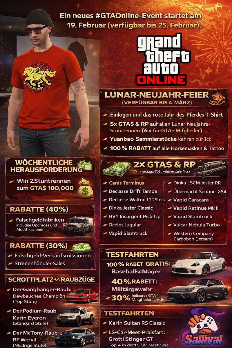 Ein neues #GTAOnline-Event startet am 19. Februar (verfügbar bis 25. Februar).

Steigere deine illegalen Einnahmen mit Rabatten auf Falschgeldfabriken sowie höheren Auszahlungen aus Clubhaus-Aufträgen, MC-Arbeit und -Herausforderungen, Straßenhändler-Verkäufen und mehr. Die