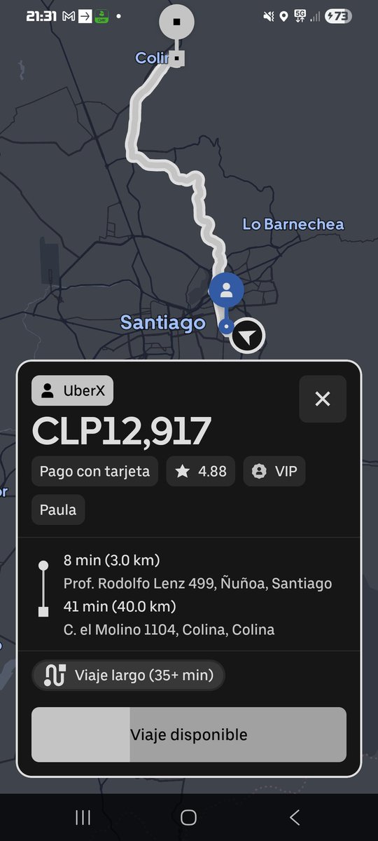 La 1ra imagen es cuanto cobra <a href="/Uber_Chile/">Uber Chile</a> a los usuarios por un viaje de 43km, la 2da imagen muestra cuanto le pagan al socio conductor.

Es la *USURA* hecha app
Es una vergüenza que se dejen más del 50% del costo del viaje. 

<a href="/Uber_Support/">Uber Support</a> <a href="/MTTChile/">Ministerio de Transportes y Telecomunicaciones</a> <a href="/MinjuDDHH/">Ministerio de Justicia y Derechos Humanos</a> <a href="/chvnoticias/">CHV Noticias</a>