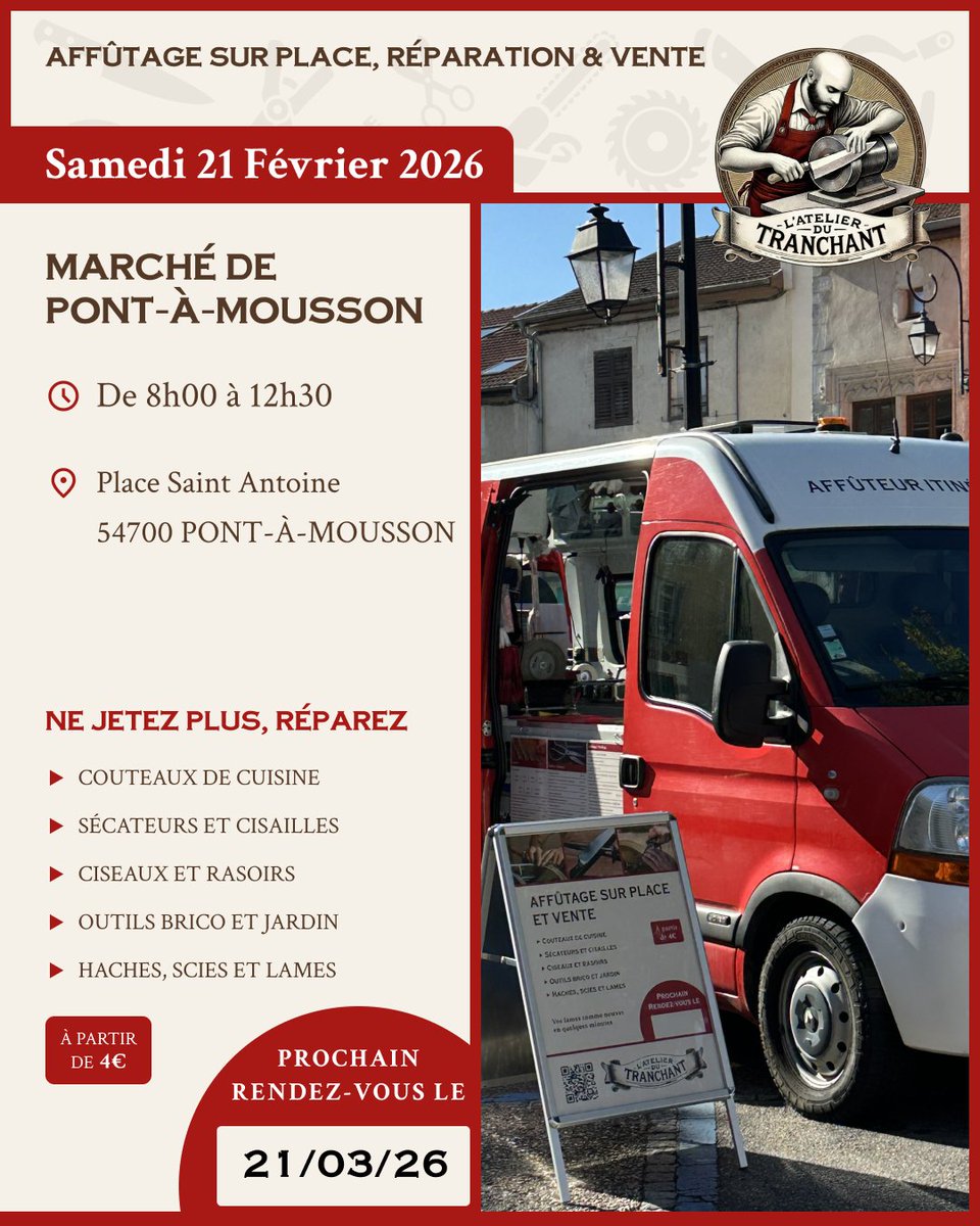 AtelierTranch's tweet image. Samedi au marché de Pont-à-Mousson : affûtage sur place.
Couteaux, ciseaux, sécateurs, outils de jardin.
📍 Place Saint Antoine
🕗 8h00 — 12h30

Entretenir plutôt que remplacer.

#affutage #artisan #pontamousson