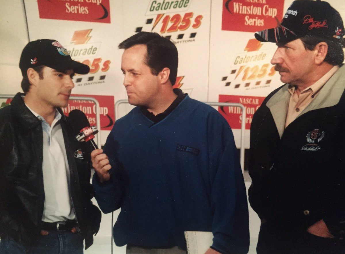jaygeemsg's tweet photo. Hard to believe it’s 25 years ago today that NASCAR lost its living legend on the final lap of its Super Bowl. This snapshot was taken two days earlier at Daytona when rivals Dale Earnhardt and Jeff Gordon agreed to a rare joint interview. A poignant memory from my time at CNN/SI https://t.co/gB6r2axxQQ