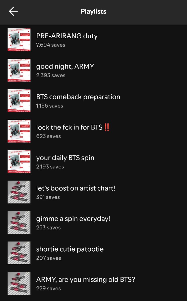 hi army! i made a total of 18 playlists and all of them are focused on group songs (members' songs as fillers). some of them are just vibes, not streaming pl. 
you can find all of them here:

open.spotify.com/user/31i6mbghg… 

+⬇️