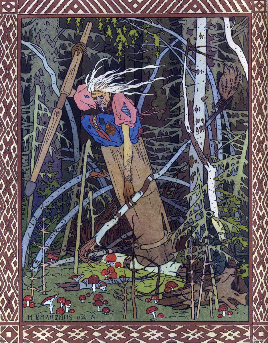 Baba Yaga is a prominent, paradoxical witch-ogress in Slavic folklore (Russia, Ukraine, Belarus) known for living in a sentient, dancing hut perched on giant chicken legs and fenced with human bones. She flies in a giant mortar, steering with a pestle, and often acts as a