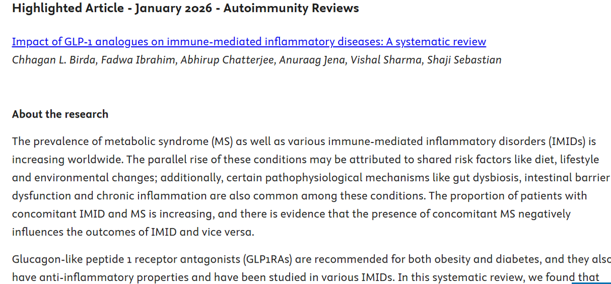ChhaganBirda's tweet photo. Our article "Impact of GLP-1 analogues on immune-mediated inflammatory diseases: A systematic review" was published as HIGHLIGHT OF THE MONTH on Autoimmunity Reviews (IF: 8.3) https://t.co/8Itn90K6QN

Thank you, @drvishal82, sir and @ibdseb sir for the opportunity https://t.co/9mUYcIlJlG