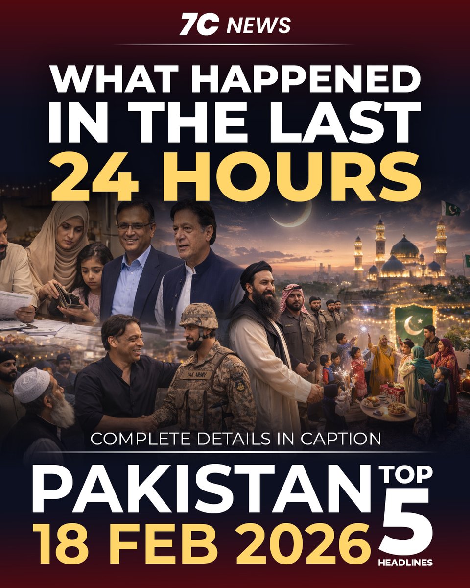 7cReport's tweet photo. 🇵🇰 Today’s Top 5 Pakistan Headlines

1️⃣ Ramadan Crescent Sighting Confirmed:
Crescent sighted after the regional committee sessions. Ramadan to begin Feb 19, with mosques and communities preparing for the first fast.

2️⃣ Afghanistan Releases Pakistani Soldiers:
Three Pakistani soldiers captured during October 2025 border clashes freed in a Saudi-mediated move, signaling a rare easing of tensions.

3️⃣ Bushra Bibi’s Interim Bail Extended:
Islamabad District Court extends interim bail in the November 26 protest case, delaying possible arrest until the next hearing.

#PakistanNews #Ramadan #Afghanistan #CourtUpdate #EconomicPressure #CricketNews #7CNews