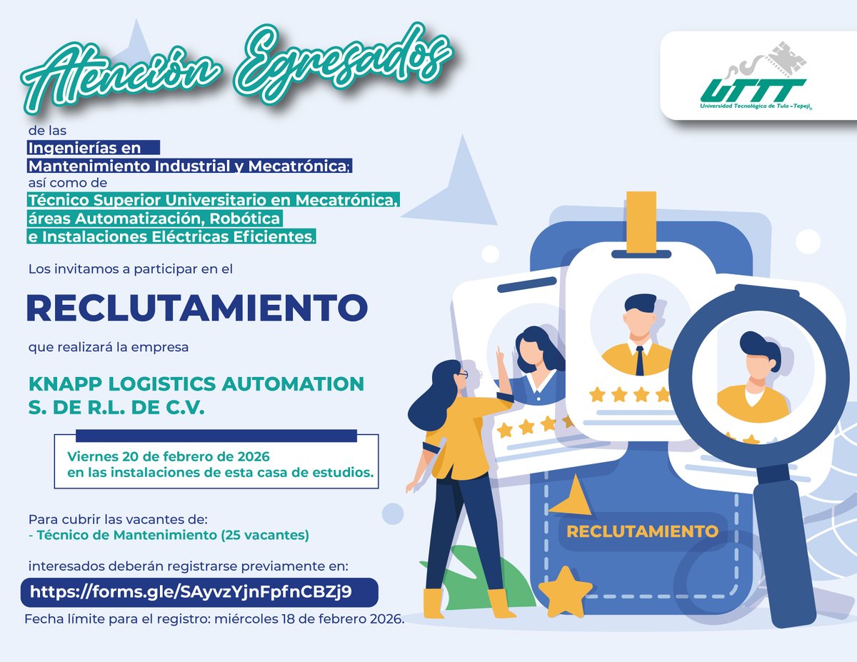 Egresados #UTTT de las Ingenieríasy Técnico Superior Universitario en Mecatrónica, los invitamos a participar en el reclutamiento de la empresa Knapp Logistics Automation.
Registro en:
forms.gle/SAyvzYjnFpfnCB…
