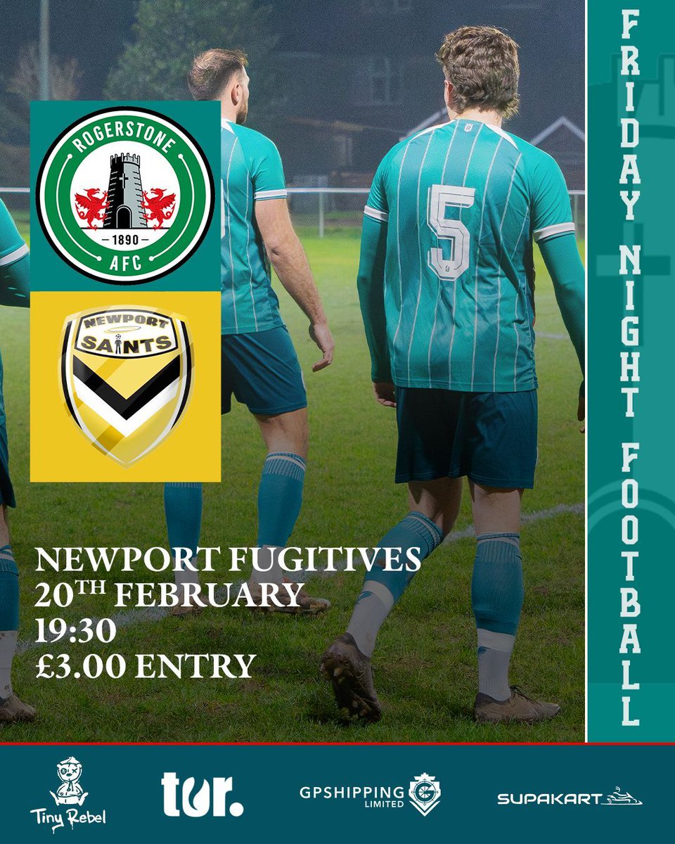 RogerstoneAFC's tweet image. Another Friday night under the lights, this time we welcome @newportsaintsfc to The Fugies.

🏟️ Newport Fugitives
⚽ 19:30
🎟️  £3 adults, FREE under-16s
🅿️ Serennu Children's Centre NP10 9LY 

#BleedGreen
