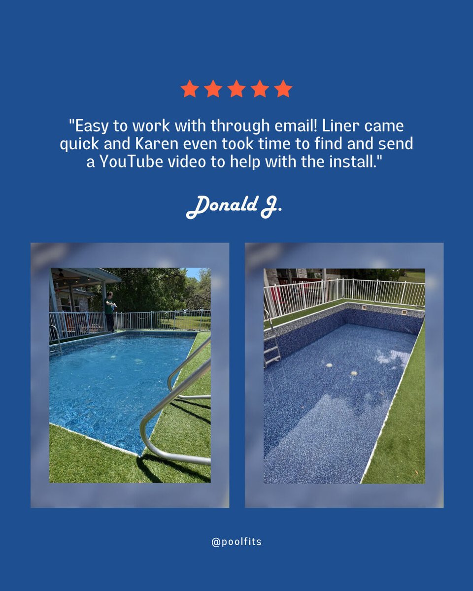 PoolFits's tweet image. We’re thrilled to hear how easy and helpful your experience was! Quick delivery, great support, and a smooth install!

Ready for your own hassle-free pool upgrade? Visit us today!

poolfits.net/vinyl-liners

#poolliners #poolsafetycovers #custompoolcover