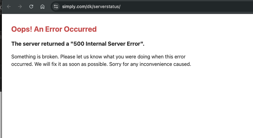Djarnis's tweet photo. @simplydotcom Your serverstatus seems to work. At least it says something is wrong :) https://t.co/LCKEHhNe3c