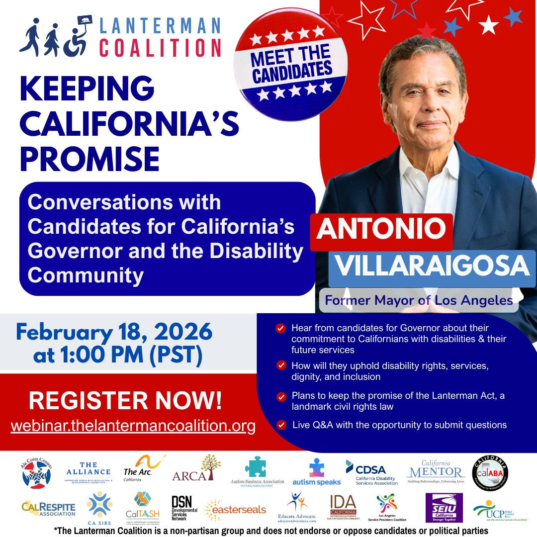 Gubernatorial candidate <a href="/AVillaraigosa/">Antonio Villaraigosa</a> will be joining <a href="/CALanterman/">The Lanterman Coalition</a>'s "Keeping California’s Promise", today to share how he plans to preserve CA’s commitment to disability rights, essential services, dignity, and inclusion. Register here! thelantermancoalition.org/events
