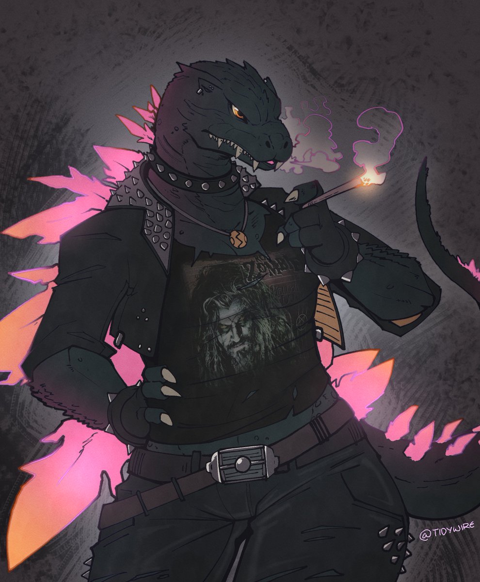TidyWire's tweet image. I remembered I can draw literally whatever I want. So here's Godzilla as a butch biker punk. Enjoy.