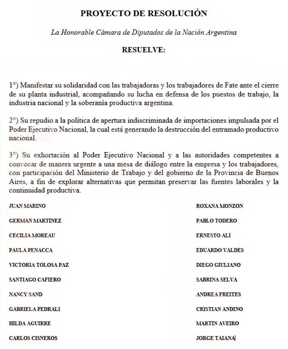 Desde el bloque de diputadas y diputados nacionales de Unión por la Patria presentamos un proyecto para apoyar la lucha de los trabajadores de FATE, repudiar la apertura indiscriminada de importaciones promovida por <a href="/JMilei/">Javier Milei</a> y exigirle al gobierno nacional una mesa de diálogo en