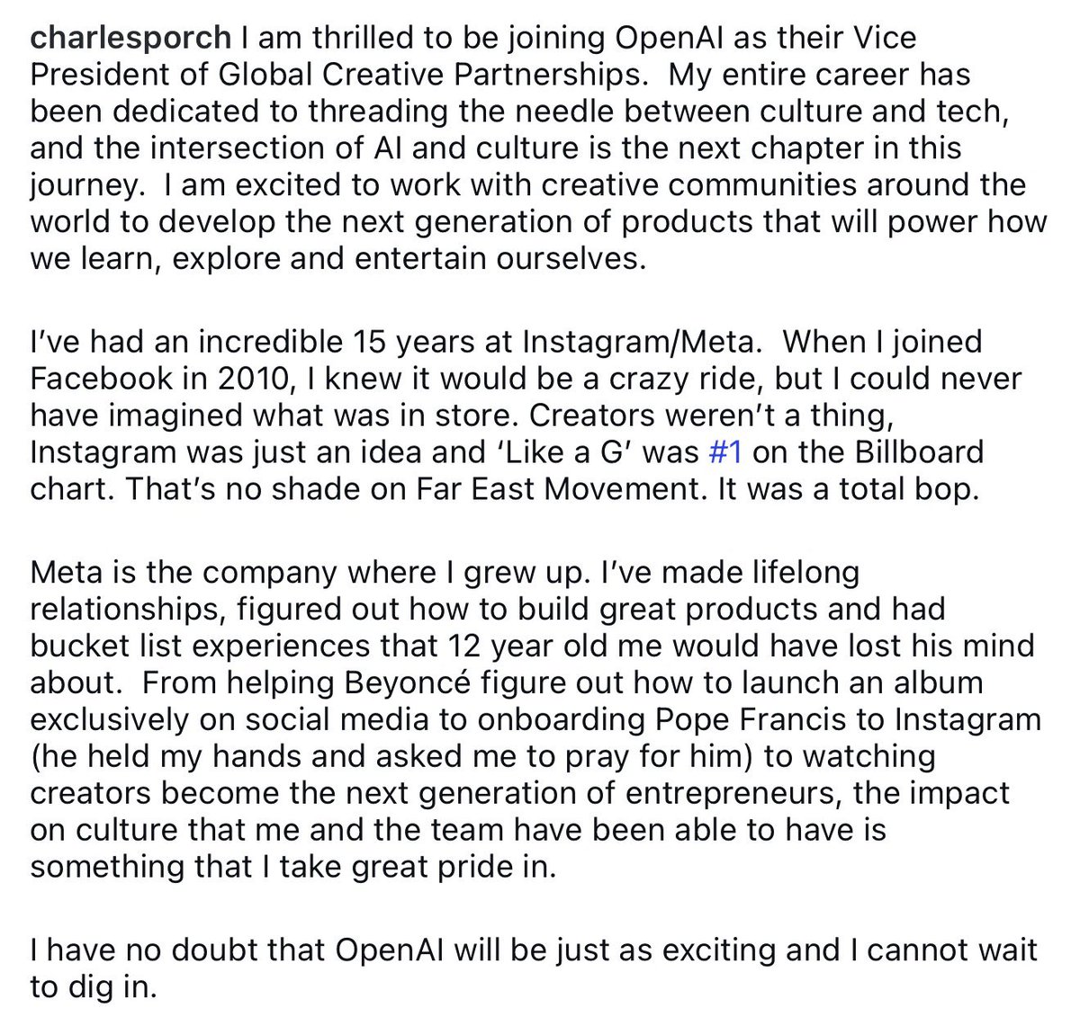 yashar's tweet photo. Wowww…….big news 

Charles Porch who has been VP of global partnerships for IG is going to OpenAI. https://t.co/ttGkKVays0
