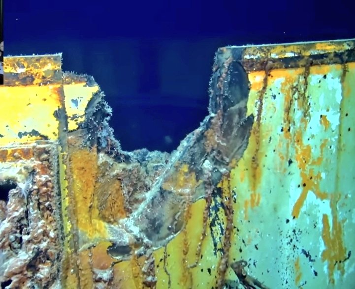 Jim_Bagnall's tweet photo. The recent Magellan deep sea expedition images of 'Bismarck'. The 16 inch shell from 'Rodney' that hit Bruno turret is just jaw dropping! @WeHaveWaysPod https://t.co/fISXJqhQqb