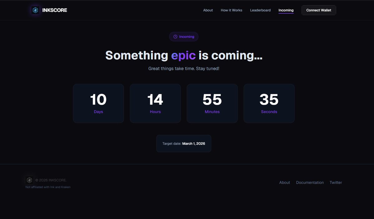 Inkscore's tweet image. 🚨 Something Epic is Coming...

The count is live and 1800+ users are already locked in. We told you: every move is calculated, every interaction is tracked on @inkonchain .

Great things take time. But time is running out. ⏳