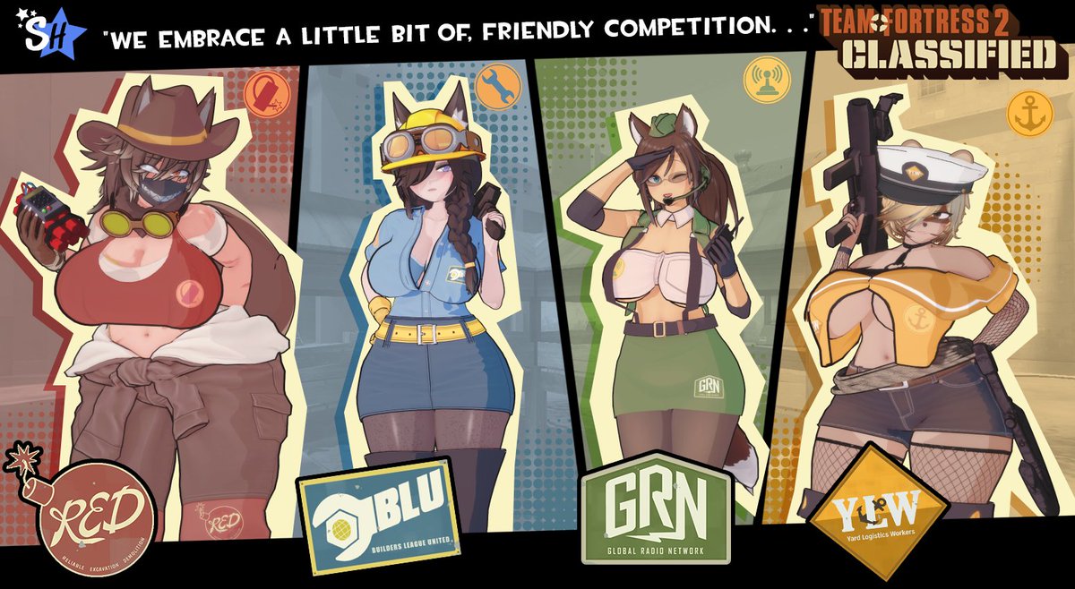 Okay, this started as a silly idea that escalated into something more elaborate... Anyway, I've also been playing a lot of TF2C, so I thought, why don't we make representatives for the 4 teams?

#koikatsu #TF2 #AnimeArt