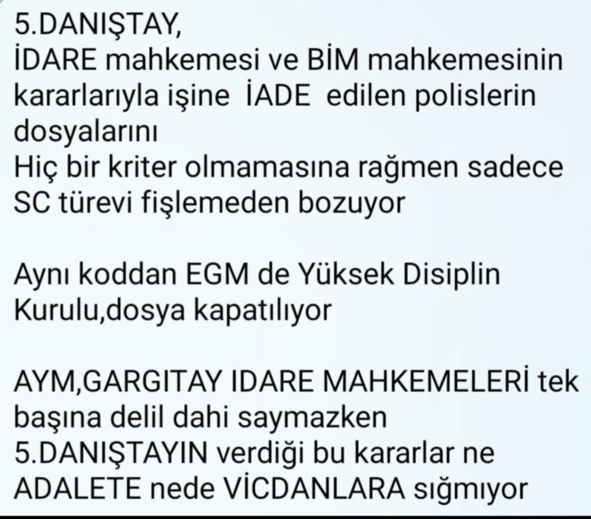 <a href="/hilalkoylu/">Hilal Köylü</a> <a href="/emin_ekmen/">Mehmet Emin Ekmen</a> vekilim ve <a href="/hilalkoylu/">Hilal Köylü</a> teşekkürler.Takipsizlik ve beraat kararlarına ve dosyalarında tek bir somut gerekçe olmamasına rağmen göreve aide alan polis dosyaları <a href="/TC_Danistay/">Danıştay Başkanlığı</a> tarafından bozulmaktadır.Daha ne yapmamız gerekiyor suçsuzluğumuzu ispatlamak için.Çözülsün artık