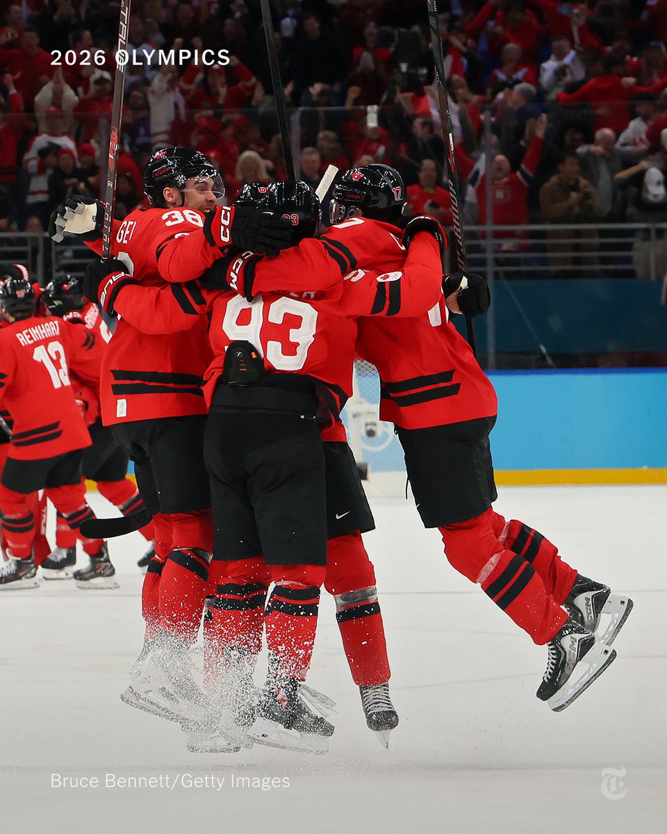 From <a href="/TheAthletic/">The Athletic</a>: Mitch Marner won it in overtime for Team Canada in the men's hockey quarterfinals at the 2026 Winter Olympics. Canada avoided a historic upset despite losing Sidney Crosby to injury in the second period. nyti.ms/4aVJfRg