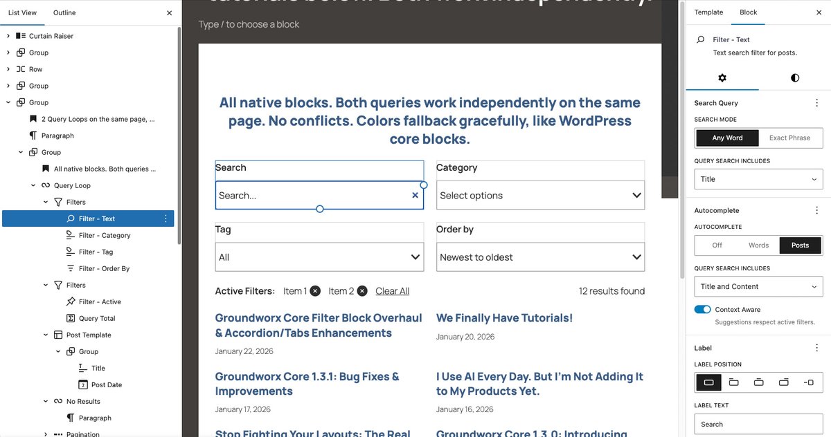 groundworxdev's tweet image. Groundworx Query Filters already works with WooCommerce,  search autocomplete, and Query Loop with any post type. Looking to expand support to other plugins next. What would you want to filter? Drop your requests 👇

#WordPress #Gutenberg #WooCommerce #QueryLoop #BlockEditor