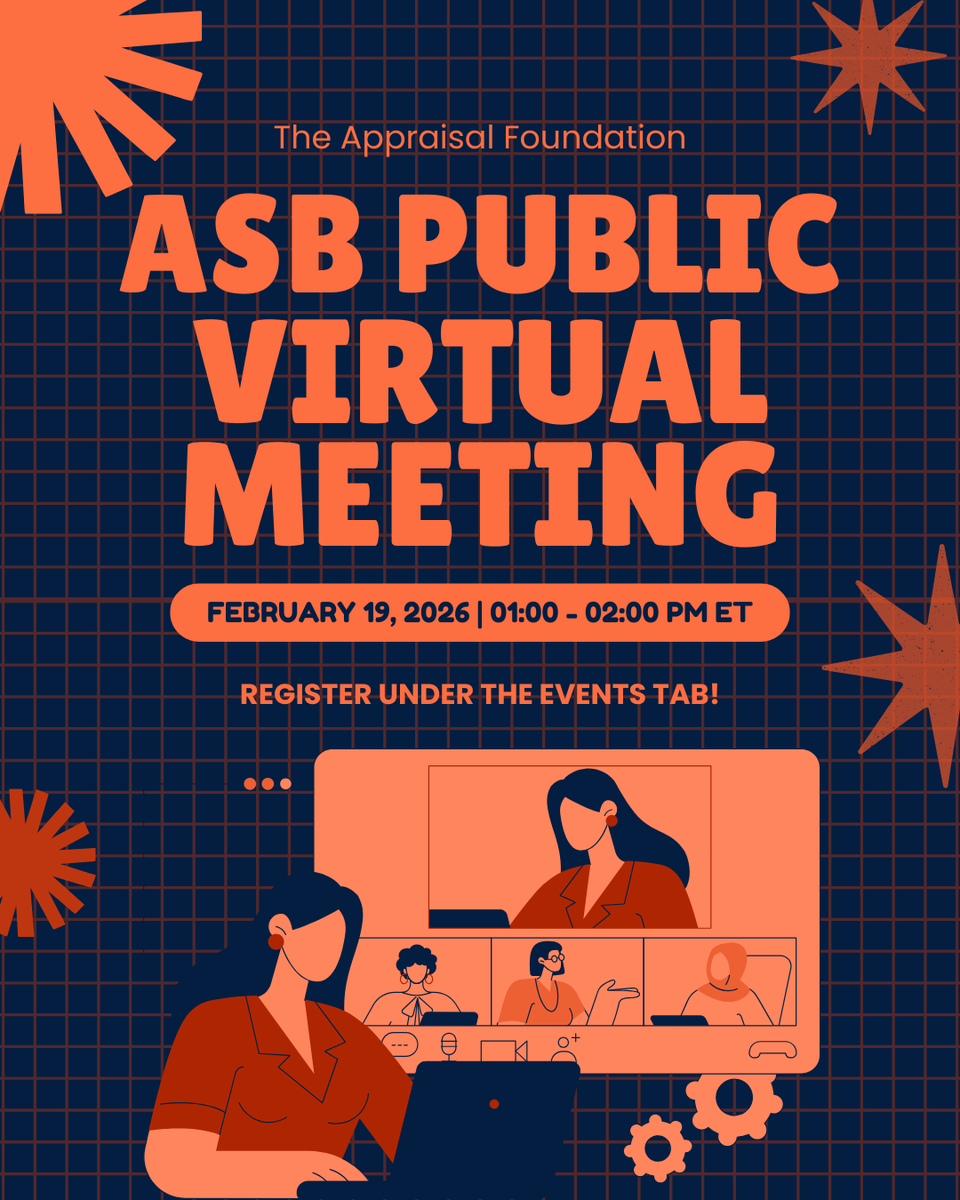 TheAppraisalFdn's tweet photo. Happening Tomorrow!
The 2026 ASB Public Meeting is just one day away. Don’t miss this opportunity to hear live updates from the Appraisal Standards Board on February 19, 1–2pm ET.
Register now before we go live:
https://t.co/Gxn82wBfII https://t.co/AqyqvDRcGc
