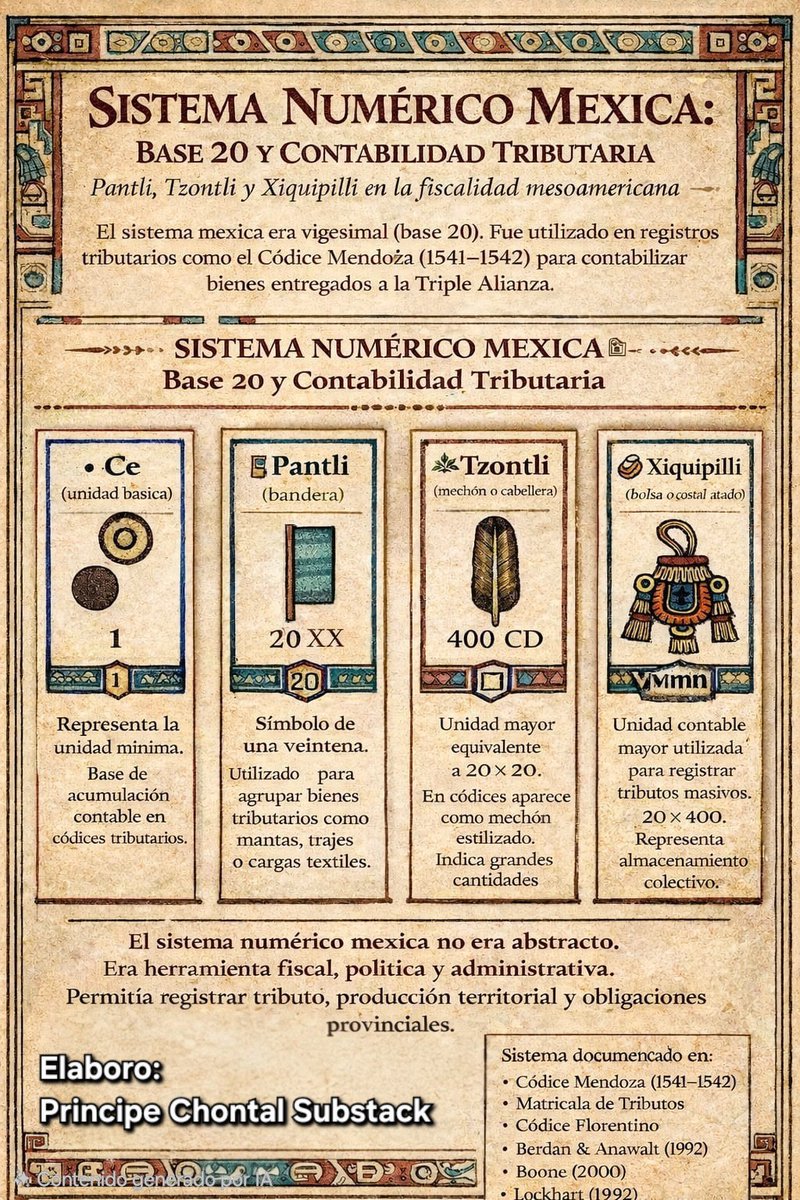 PrincipeChontal's tweet photo. Numeralia mexica: contabilidad y arquitectura del poder en el Códice Mendoza (1541–1542).
Base 20, registro tributario y racionalidad administrativa mesoamericana.

Lee el análisis completo:
https://t.co/nKEaUq5461

https://t.co/nKEaUq5461 https://t.co/NHLVNIJQja