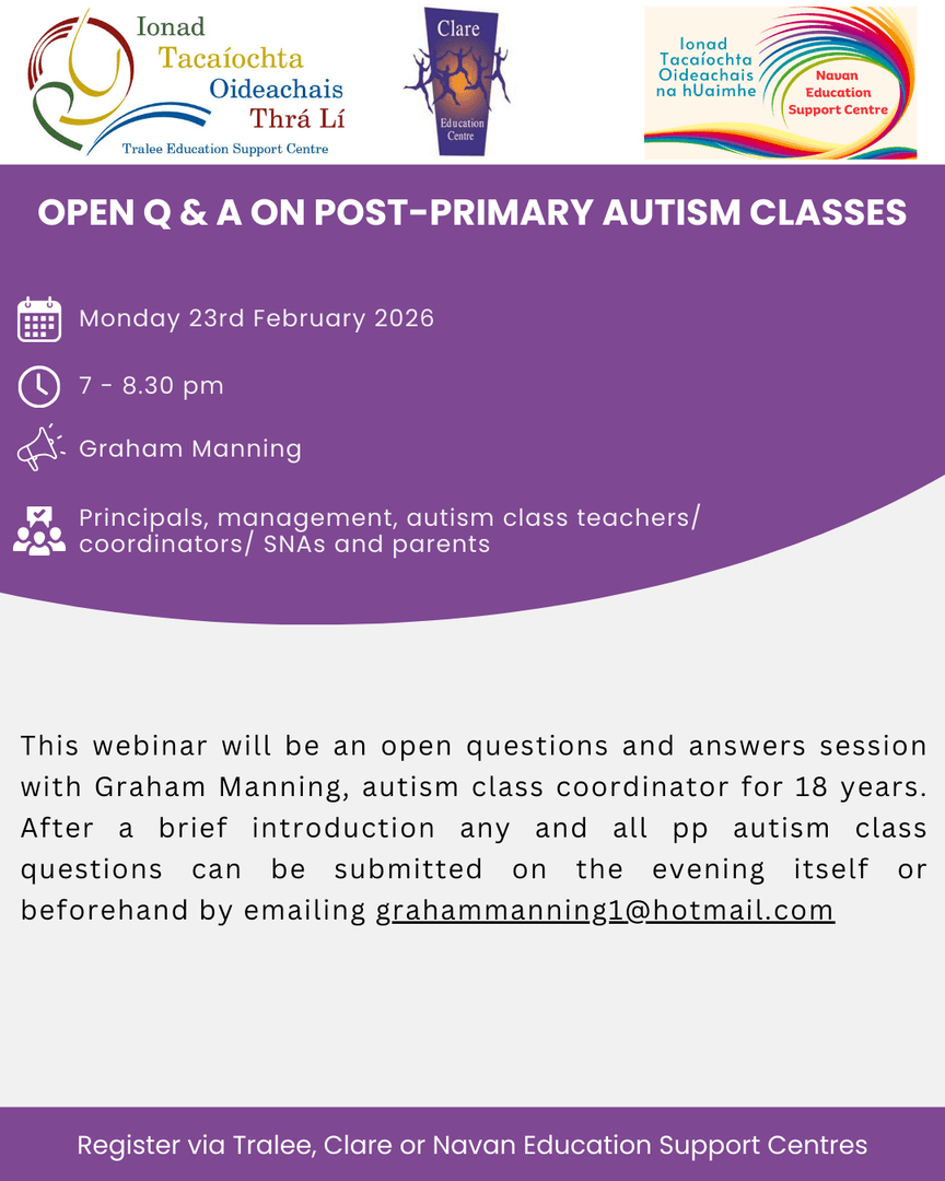 TraleeESC's tweet photo. 📢 Post-Primary Autism Class Teachers, SNAs, Leaders &amp; Parents

📅 23 Feb 26 | ⏰ 7–8:30 PM|💻Zoom|💰Free

Open Q &amp; A on Post-Primary Autism Classes — bring your questions about practice, planning &amp; support with an experienced autism class coordinator.

🔗 https://t.co/S7H69KYOuz https://t.co/FwuT5oGrad
