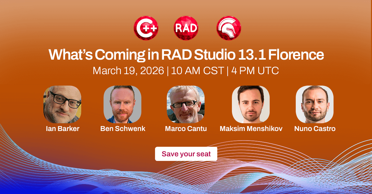 EmbarcaderoTech's tweet photo. Sneak peek alert ๐
Join us March 19th at 10 AM CST / 4 PM UTC to discover whatโs coming in RAD Studio 13.1 Florence โ and get your questions answered live.
Reserve your spot now! https://t.co/MtyNyGtqiR
#RADStudio #CBuilder #Delphi #Developers #DevTools https://t.co/2UgASLVhPQ