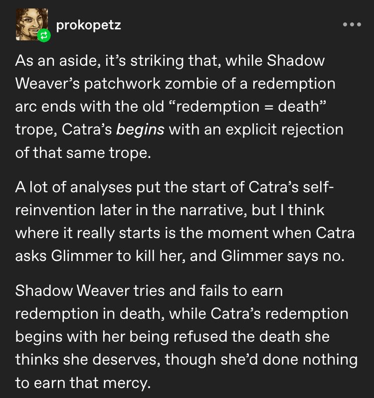 mieuxzs's tweet image. she-ra as a whole actually works to explore and dismantle this idea of death = redemption through multiple characters, even the main villain of the show, i’ll plug this post again bc it sums up these ideas really well: