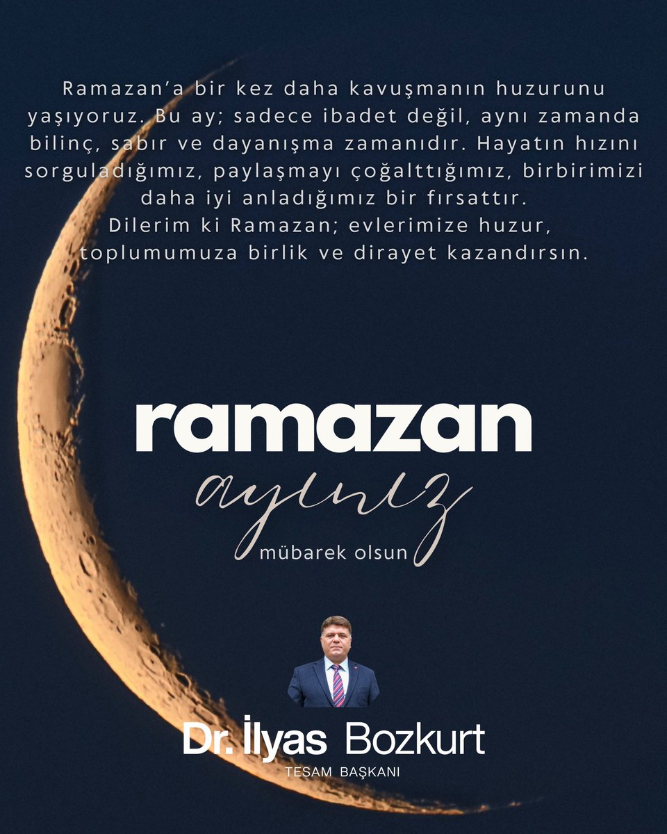 ilyasbozkurt_tr's tweet photo. Ramazan’a bir kez daha kavuşmanın huzurunu yaşıyoruz. Bu ay; sadece ibadet değil, aynı zamanda bilinç, sabır ve dayanışma zamanıdır. Hayatın hızını sorguladığımız, paylaşmayı çoğalttığımız, birbirimizi daha iyi anladığımız bir fırsattır. Dilerim ki Ramazan; evlerimize huzur, toplumumuza birlik ve dirayet kazandırsın.

Dr. İlyas Bozkurt