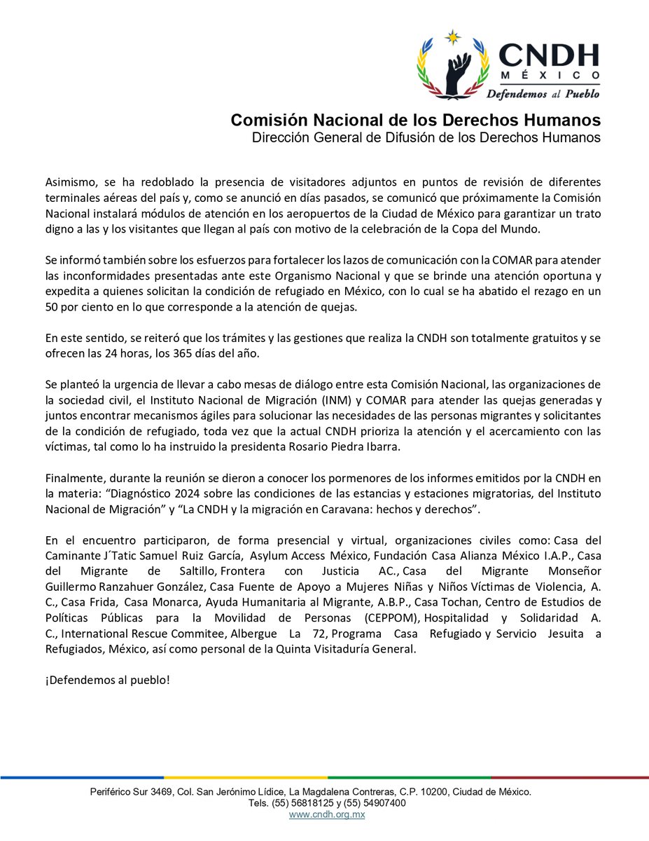 Sostuvimos una reunión con diversas organizaciones de la sociedad civil quienes nos plantearon sus preocupaciones sobre la dilación de trámites en la <a href="/comar_sg/">Comisión Mexicana de Ayuda a Refugiados</a>. Por nuestra parte, les compartimos el “Diagnóstico 2024 sobre las condiciones de las estancias y estaciones