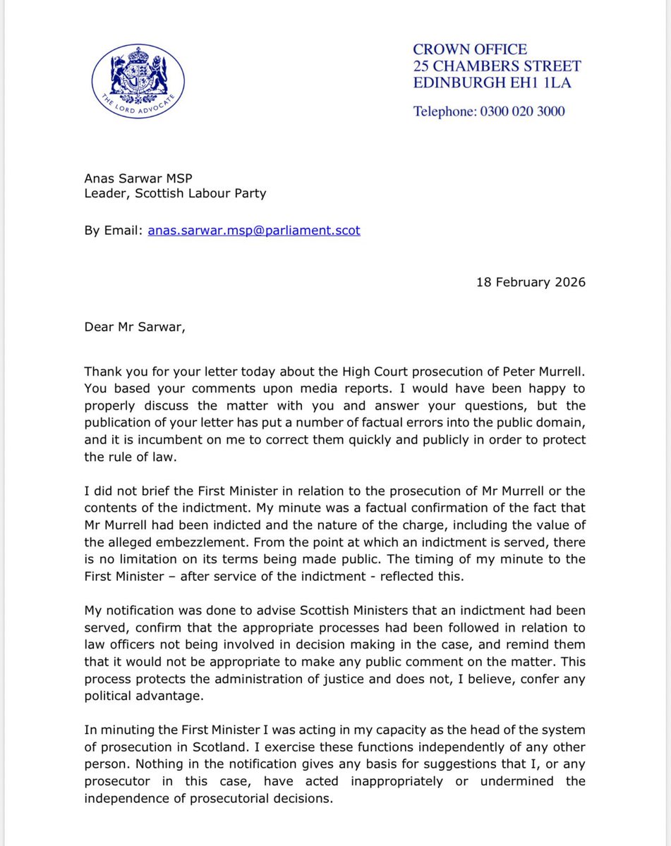 ammacj's tweet photo. Lord Advocate Dorothy Bain letter to Anas Sarwar, about Murrell and Swinney.👇
Quite the humiliation. https://t.co/Ll4dzWLAdF