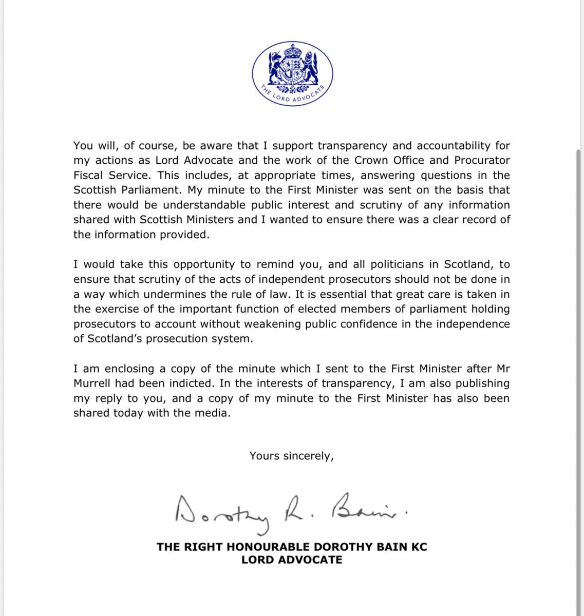 ammacj's tweet photo. Lord Advocate Dorothy Bain letter to Anas Sarwar, about Murrell and Swinney.👇
Quite the humiliation. https://t.co/Ll4dzWLAdF