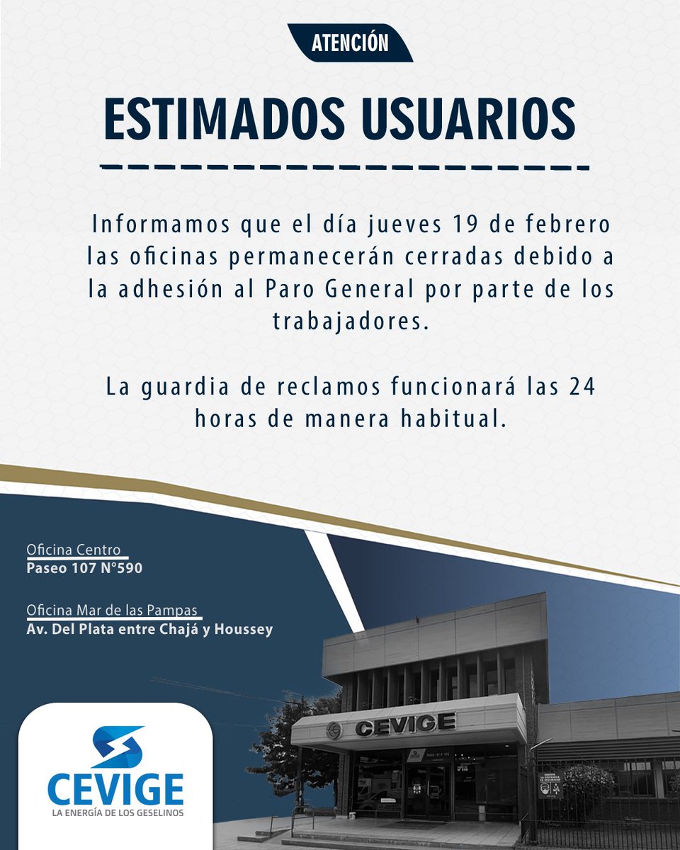 INFORMACIÓN IMPORTANTE

Informamos a nuestros usuarios que mañanavill las oficinas permanecerán cerradas debido a la adhesión al Paro General por parte de los trabajadores.

La guardia de reclamos funcionará con normalidad durante las 24 horas.

Agradecemos su comprensión.