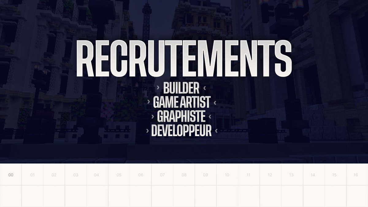 🏓 Recrutements

Vous aimez créer sur Minecraft et vous voulez rejoindre notre petite équipe ? On recrute activement sur ces rôles : 

— Builder
— Game Artist (Model/Texture maker 2D/3D)
— Graphiste
— Développeur

Plus d'infos en réponse 👇