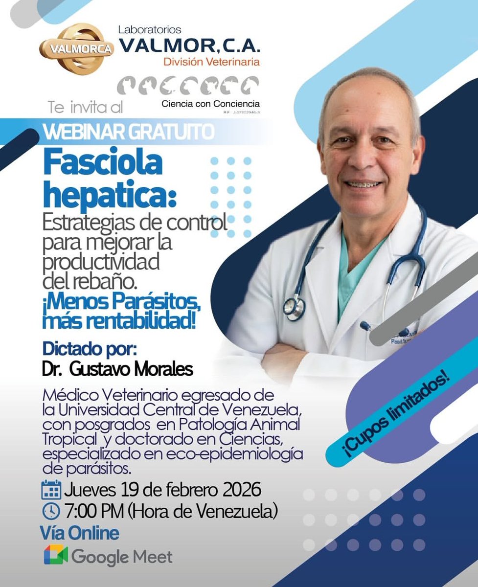 No pierdas la oportunidad de ser parte de este Webinar gratuito "Fasciola hepática: Estrategias de control para mejorar la productividad de tu rebaño, dictada por el M.V. Gustavo Morales, realizado por <a href="/valmorca/">Lab. Valmorca</a>

#AVISAVenezuela #ValmorcaDivisiónVeterinaria
